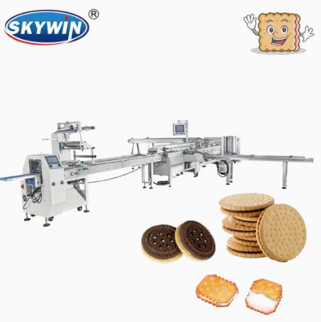 M&aacute;quina de embalagem de fluxo autom&aacute;tico Skywin para fabrica&ccedil;&atilde;o de biscoitos sandu&iacute;che